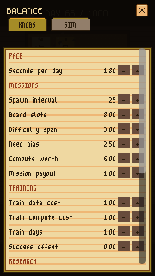 Simulation UI for balancing gameplay.